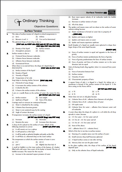 Physics Practice Questions For Surface Tension